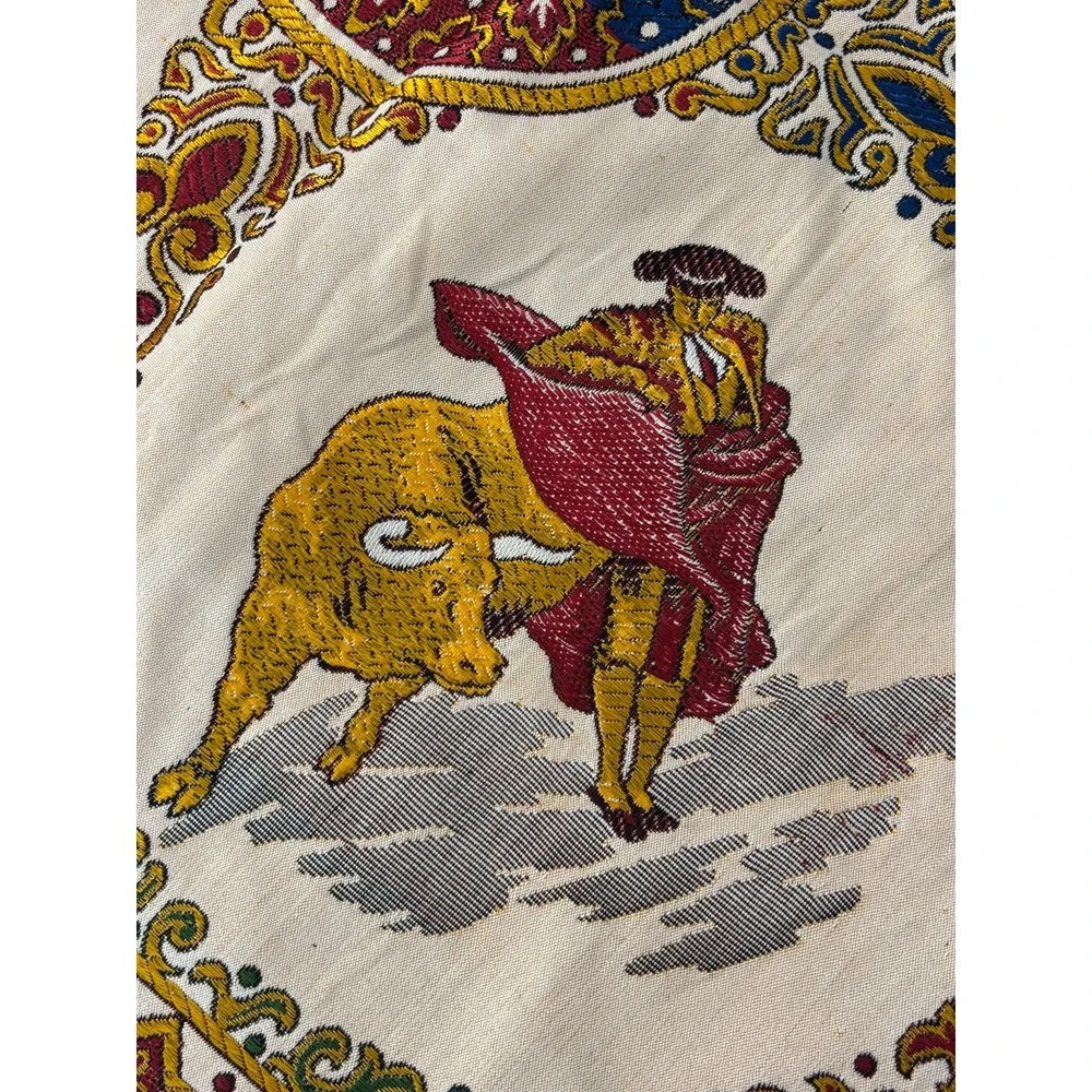 Vintage Spanish Tablecloth Tapestry Matador Bullfighter Woven Fringed Square 57
